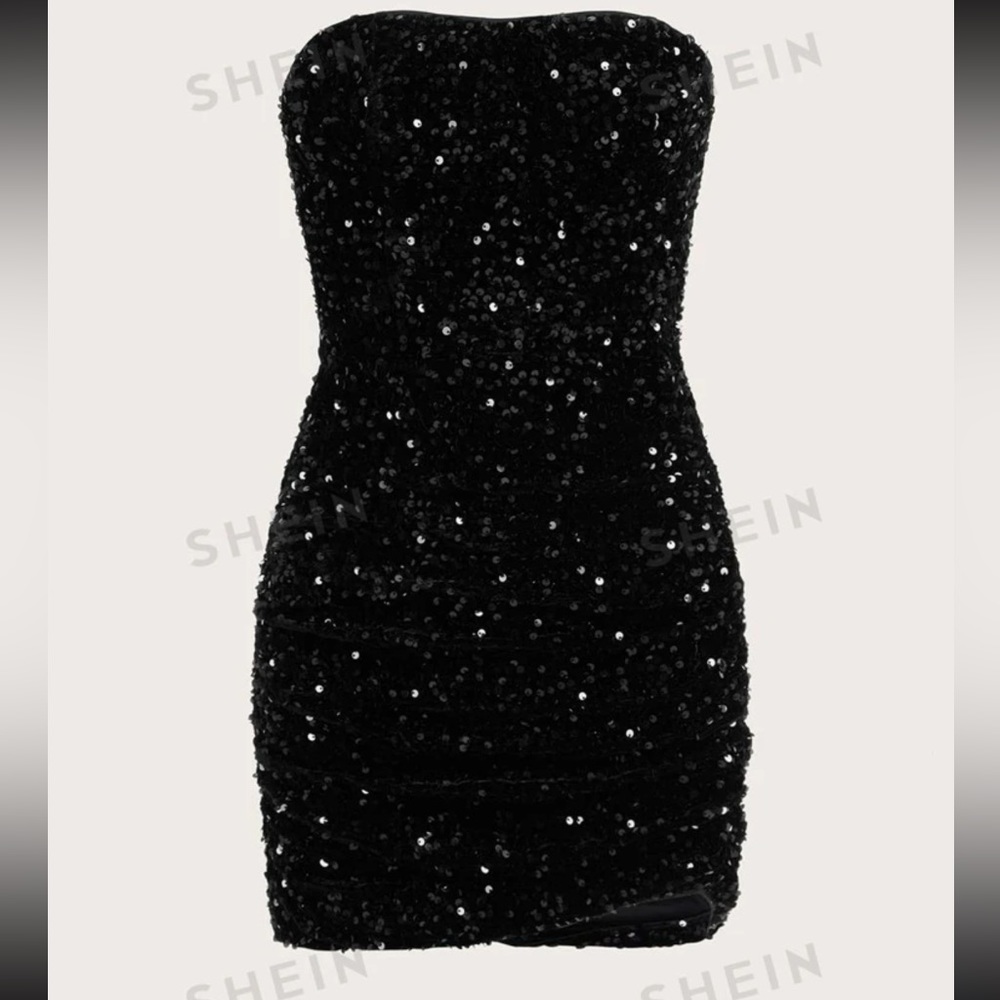 SHEIN- Black Sequin Party Dress. Size Large. Strapless.